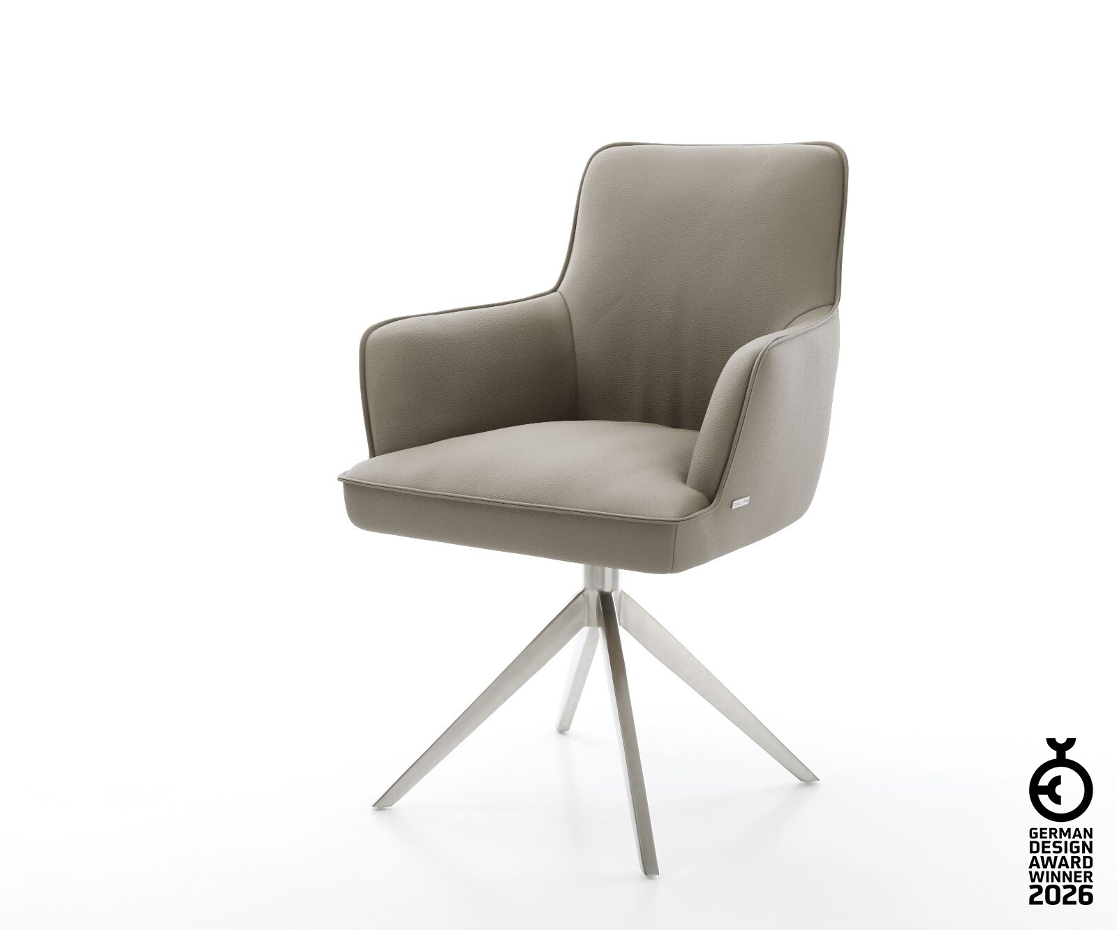 Chaise-pivotante Heira-Flex cuir de vache couleur boue pied croisé large acier inoxydable brossé pivotement sur 360° fonction bascule ressorts ensachés